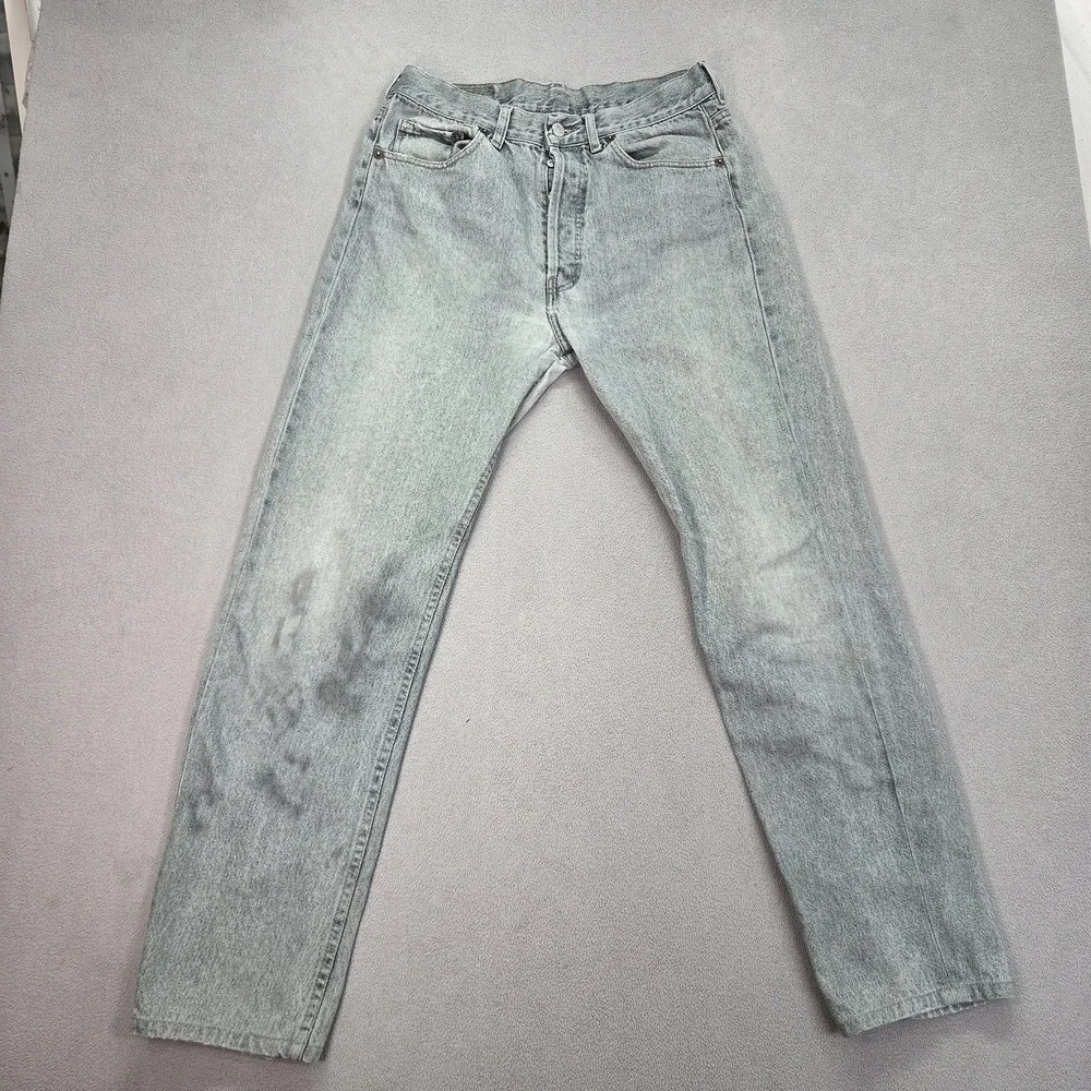 Vintage Levis 501 Jeans Mens Gray Wash Made USA‎ Button Stained 90s Fits 29x29